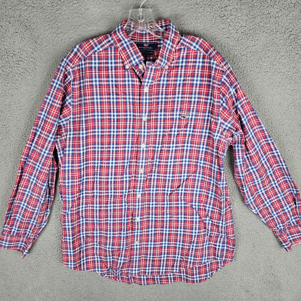 Vineyard Vines Button-Up Mens L Red Plaid Slim Fit Tucker Shirt Preppy Stretch